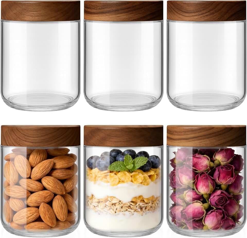 Bumobum 16 oz Overnight Oats Jars with Wood Lids, 6 Pack Chia Pudding Jars