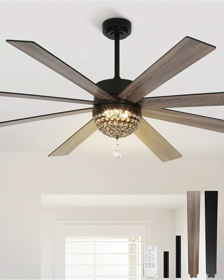 72" Crystal Ceiling Fan with Lights and Remote, Quiet Reversible DC Motor Industrial Ceiling Fan, Chandelier Ceiling Fans Modern Fandelier for Bedroom, Living Room, Dining Room, Office, Covered Patio