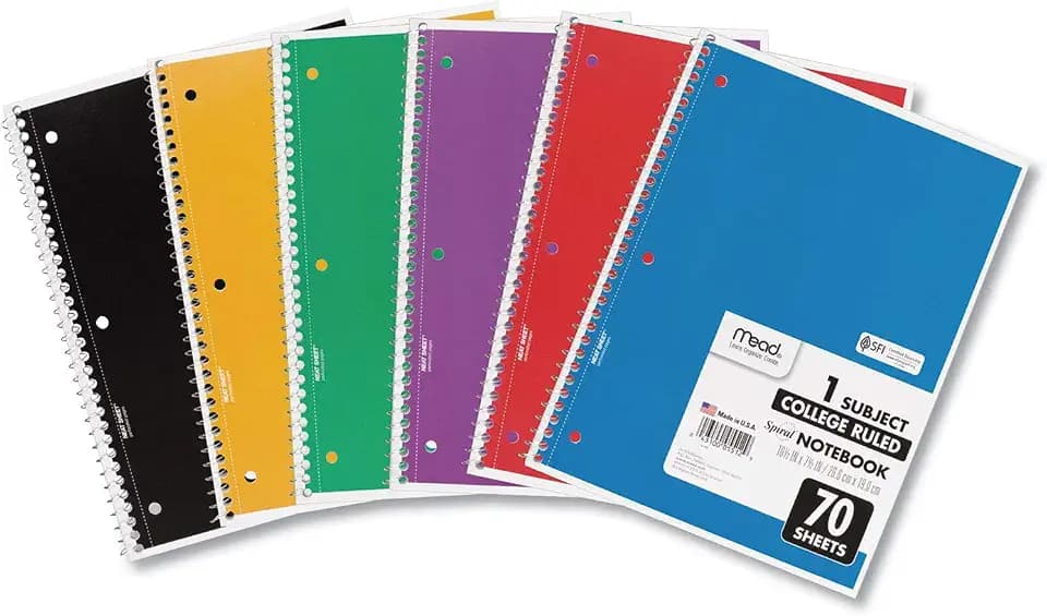 Mead Spiral Notebook, 1 Subject, College Ruled Paper, 7-1/2" x 10-1/2", 70 Sheets per Notebook, Colors Will Vary, 6 Pack (73065)
