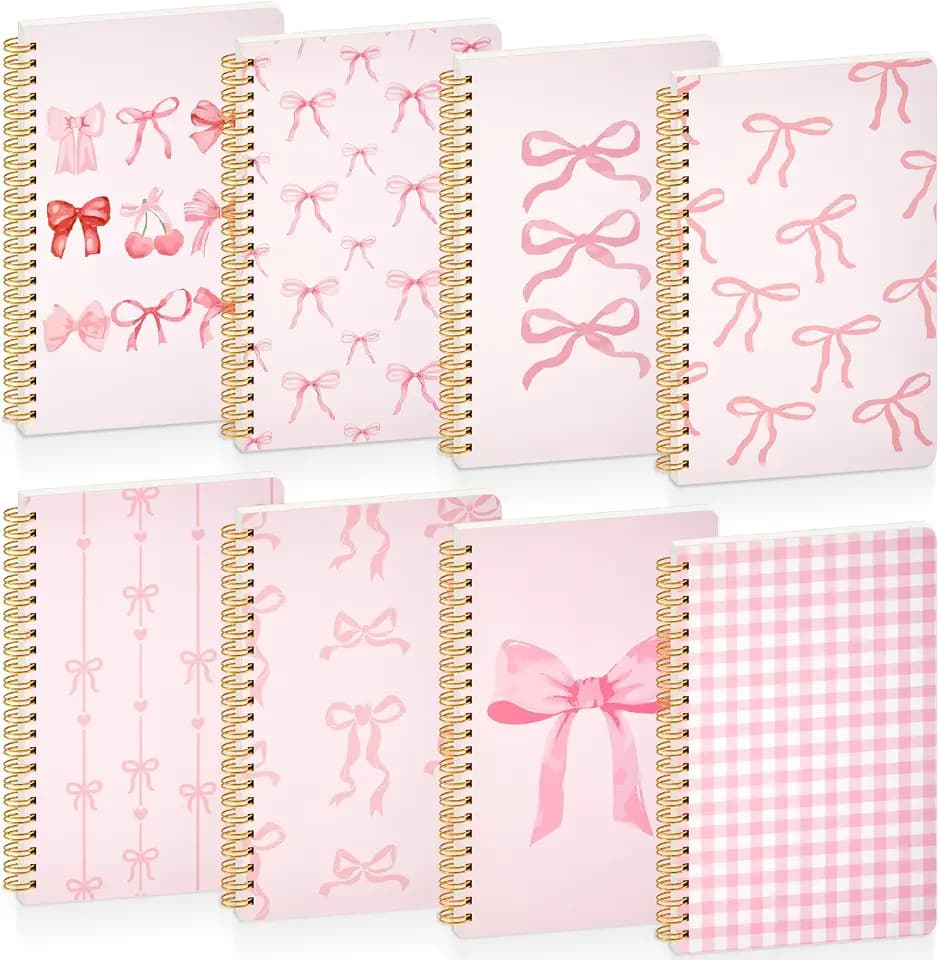 Resurhang 8 Pack Pink Bow Spiral Notebooks, Cute Coquette Preppy Journal A5 Aesthetic Notebook Christmas Gifts for Women, Ruled Bowknot Coquette Stuff Pink Bow Bible Journal 5.5 x 8.3 Inch