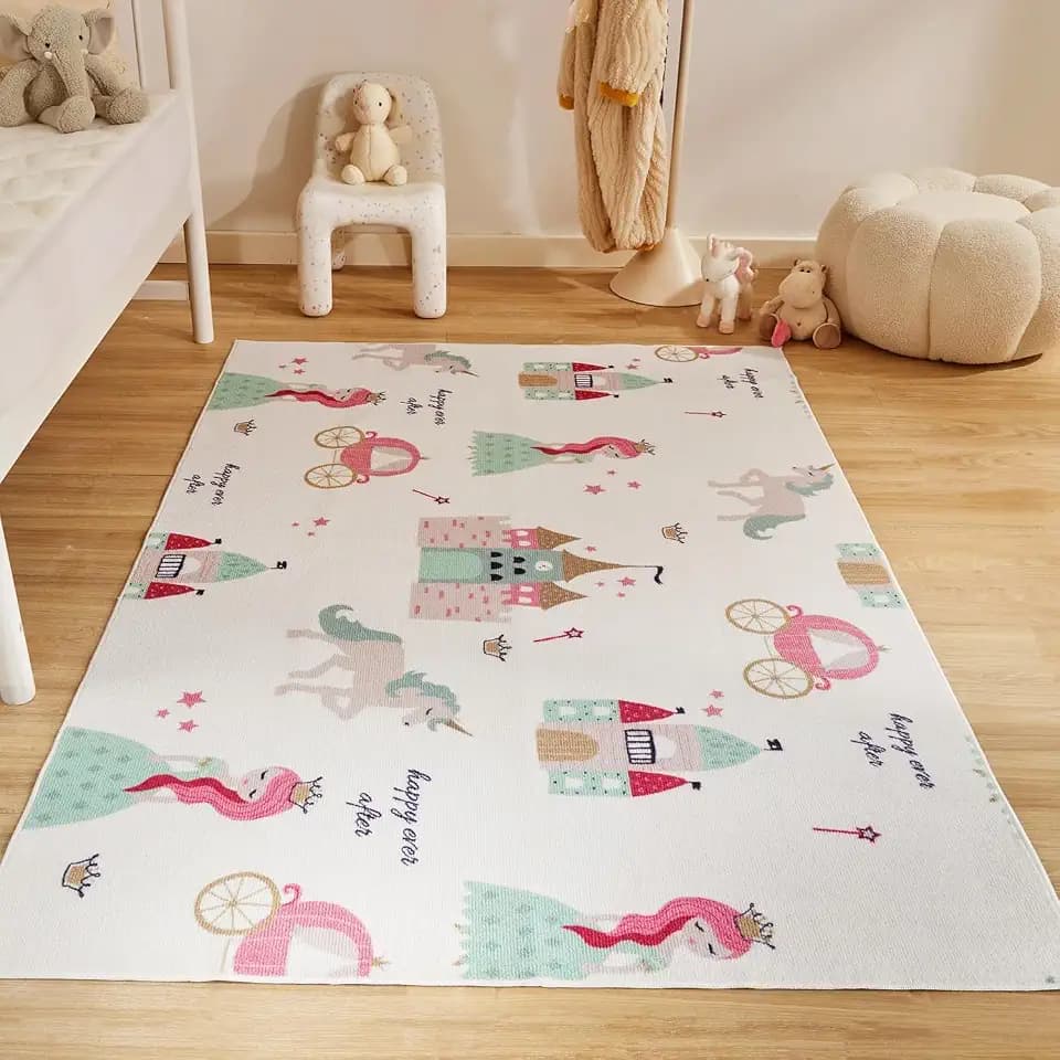 SLEEP ZONE Kids Rugs for Playroom, Area Rugs for Girls Bedroom Princess Castle, Washable Nursery Carpet, Non Slip Rug Play Mat, Cute Room Decor for Baby, 3X5 Feet