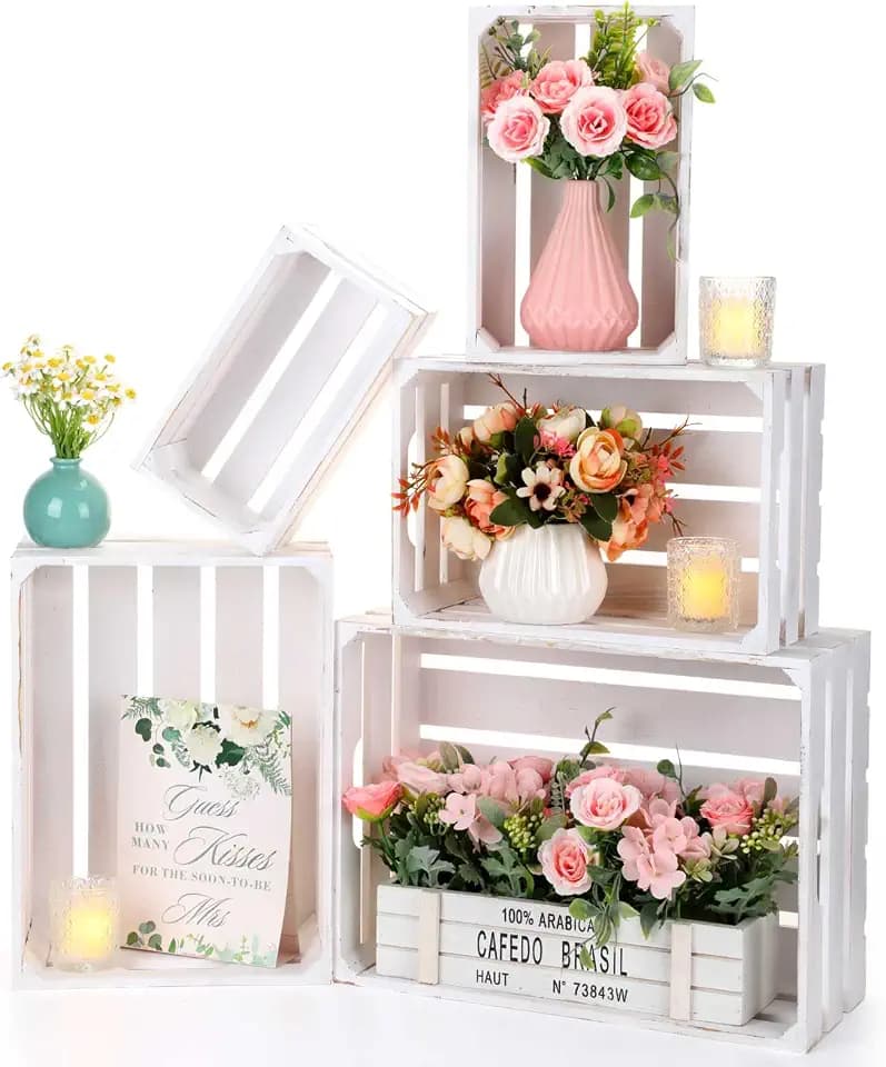 Soaoo 5 Pcs Decorative Nesting Wooden Crates with Handle, Painted White