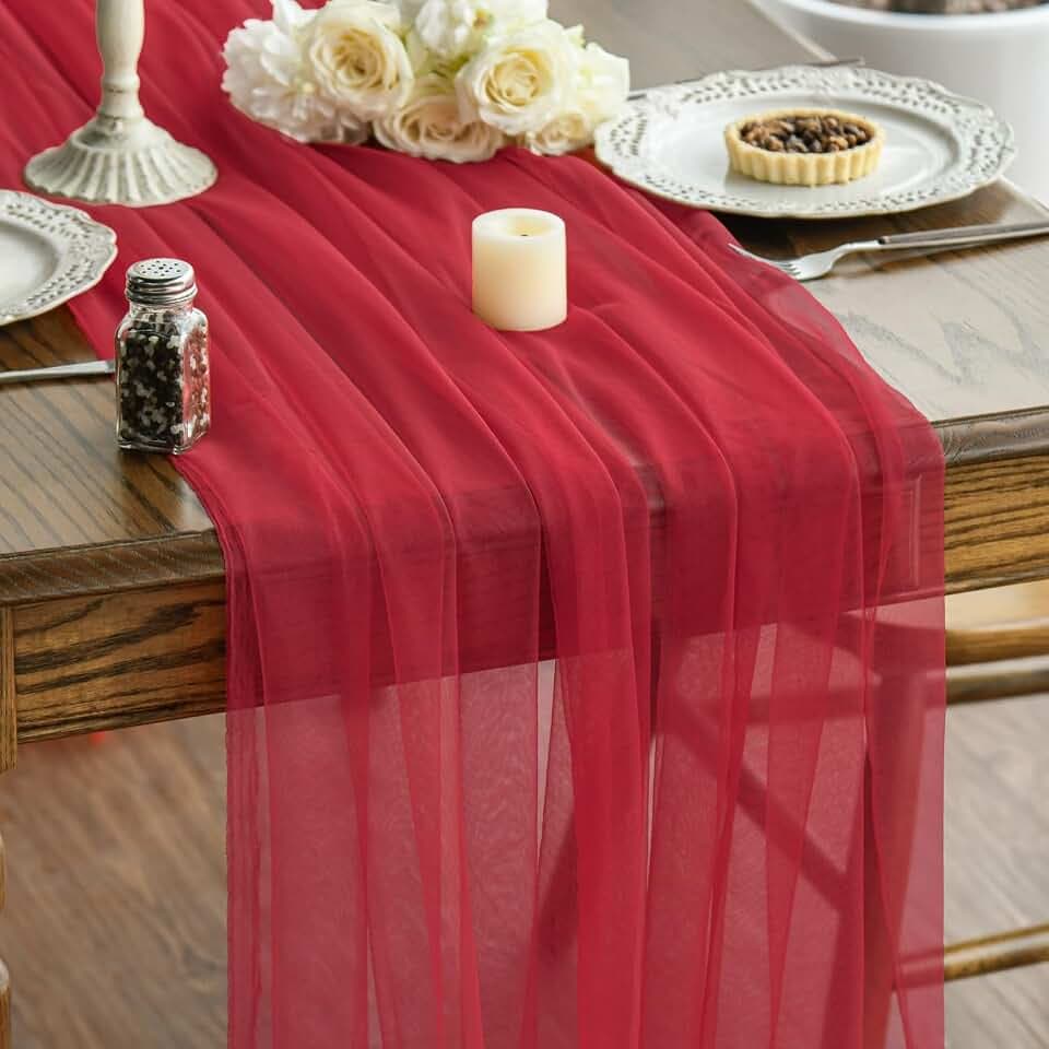Artoid Mode 3PCS Red Gauze Table Runner 120 Inch 10FT, Seasonal Sheer Kitchen Dining Holiday Wedding Birthday Baby Shower Table Decor for Home Party