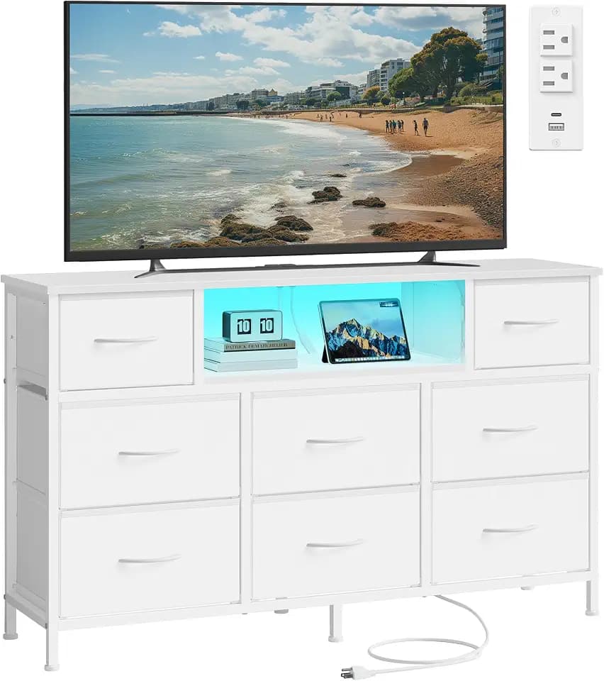 SONGMICS Dresser for Bedroom with Outlets & LED Lights, 8 Fabric Drawers