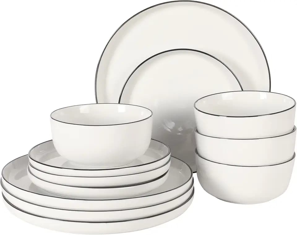 Gibson Home Oslo 12-Piece Porcelain Dinnerware Set – Dinner Plates, Salad Plates & Bowls, Classic White With Black Rim Everyday Dish Set for Home, Kitchen, Microwave & Dishwasher Safe