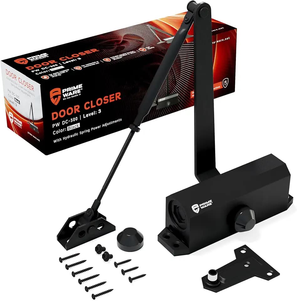 PrimeWare DC-300 Adjustable Automatic Door Closers for Home | Soft Close, No Slam | Residential and Commercial Door Closer | Level 3 | for Doors Weighing 90-140 lbs | Hydraulic Door Spring - Black