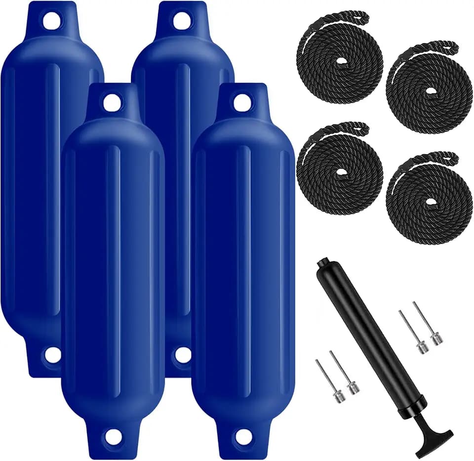 Boat Fenders 4 Pack, Ribbed Twin Eyes Boat Fenders Bumpers for Docking, Inflatable Marine Boat Bumper with 4 Ropes, 4 Needles and 1 Pump
