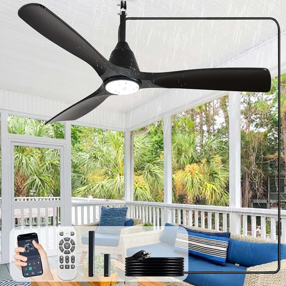 Depuley Outdoor Ceiling Fan with Lights: 42" Black Gazebo Fans Outdoor Hanging with Remote APP Control - Plug in Waterproof Fans with Light for Patio Porch Reversible Black Blades 3CCT 6 Speeds Timer