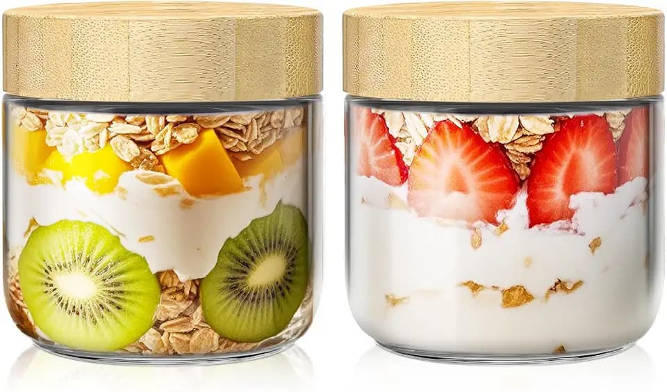 10 oz Overnight Oats Containers with Bamboo Lids, Glass Mason Jars 2 Pack