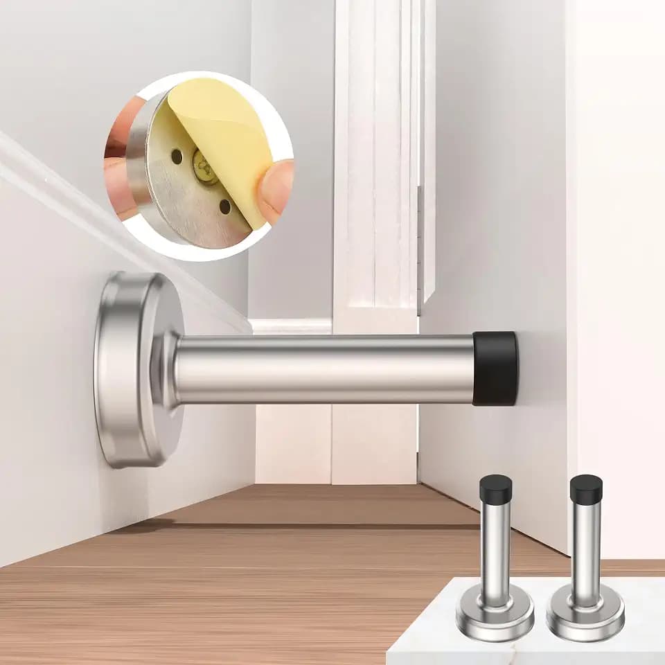 2 Pack Door Stops, 304 Stainless Steel Door Stoppers, Easy Installation with Strong Adhesive Tapes, No Drilling Door Stops for Bottom and Top of Door, Silver