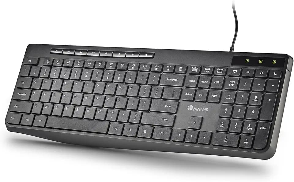 NGS Spectra French – Ultraflache Multimedia-Tastatur mit leisen Tasten, USB-A-Anschluss, 8 + 12 Multimediatasten, spritzwassergeschützt, langlebig, bis zu 10 Millionen Tastenanschläge, Plug-and-Play