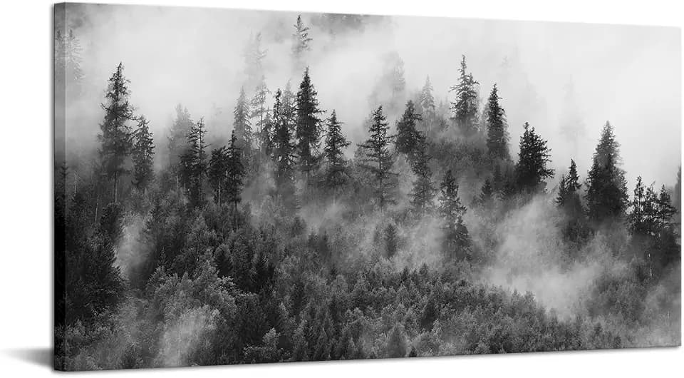 sechars Misty Forest Canvas Wall Art Foggy Mountain Picture Canvas Print Black and White Nature Landscape Painting Artwork 24x48 Inch (Black)