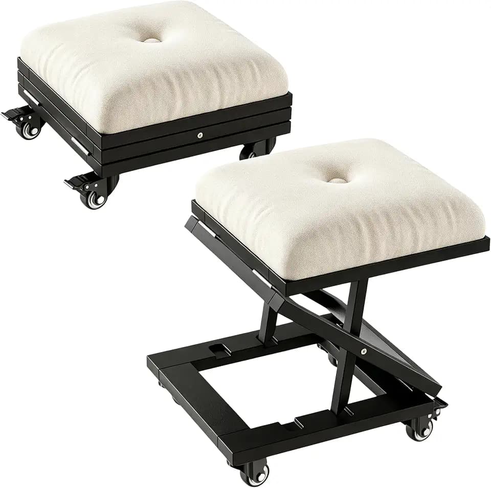 VECELO Foot Rest Under Desk at Work, Height Adjustable Rolling Foot Stool Set of 2 with Wheels, Cushioned Seat for Living Room, Bedroom, Home Office, Beige