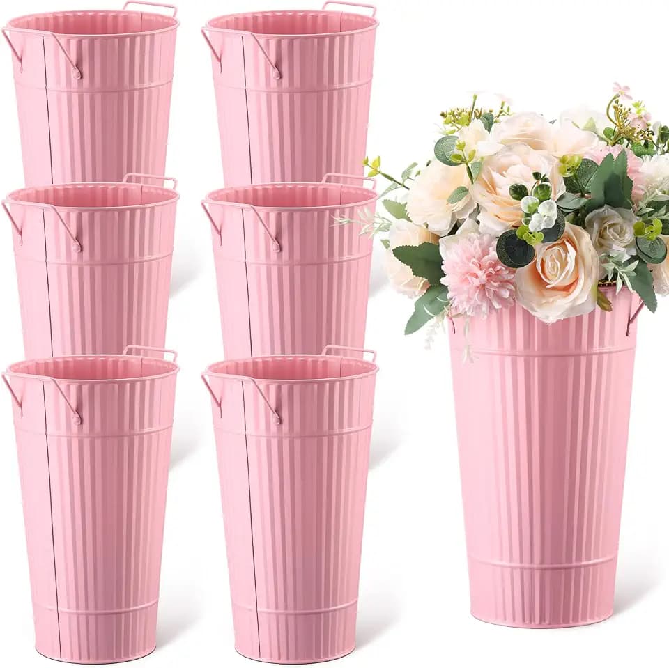 Layhit 6 Pcs 12 Inch Galvanized Flower Bucket Metal Vase, Pink