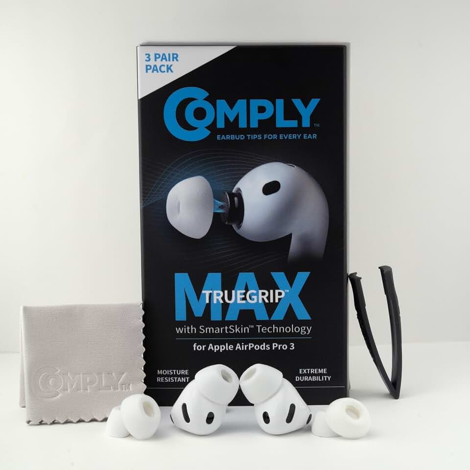 Comply TrueGrip MAX | Premium Memory Schaumstoff Ersatz-Ohrstöpsel für Apple AirPods Pro (3 Generation) | SmartSkin™-Technologie | hervorragende Geräuschisolierung| Weiss, Größe M, 3 Paar