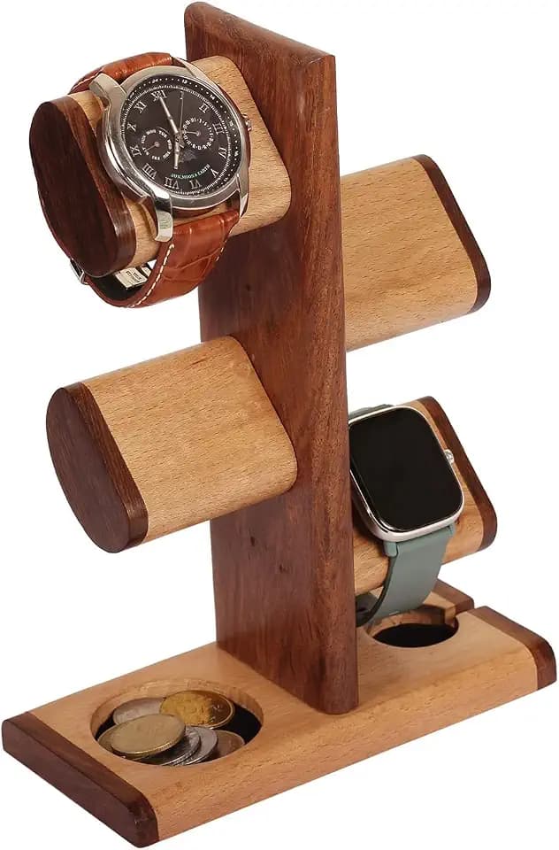 DEALS ABHANDICRAFTS - Watch Stand 5 in One Multiple Watch Display Tower for men, Charging Station Jewelry Organizer for Rings, Coins, Gifts for MOM, DAD, Grandparents, assembly NOT required.