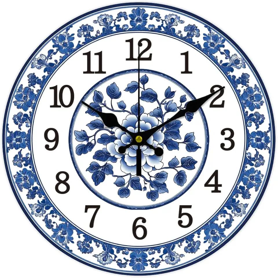 CHGCRAFT 12inch Blue and White Porcelain Pattern Wall Clock Battery Operated Silent Non Ticking Flowers Round Decorative Clock for Office Home Kitchen Decor