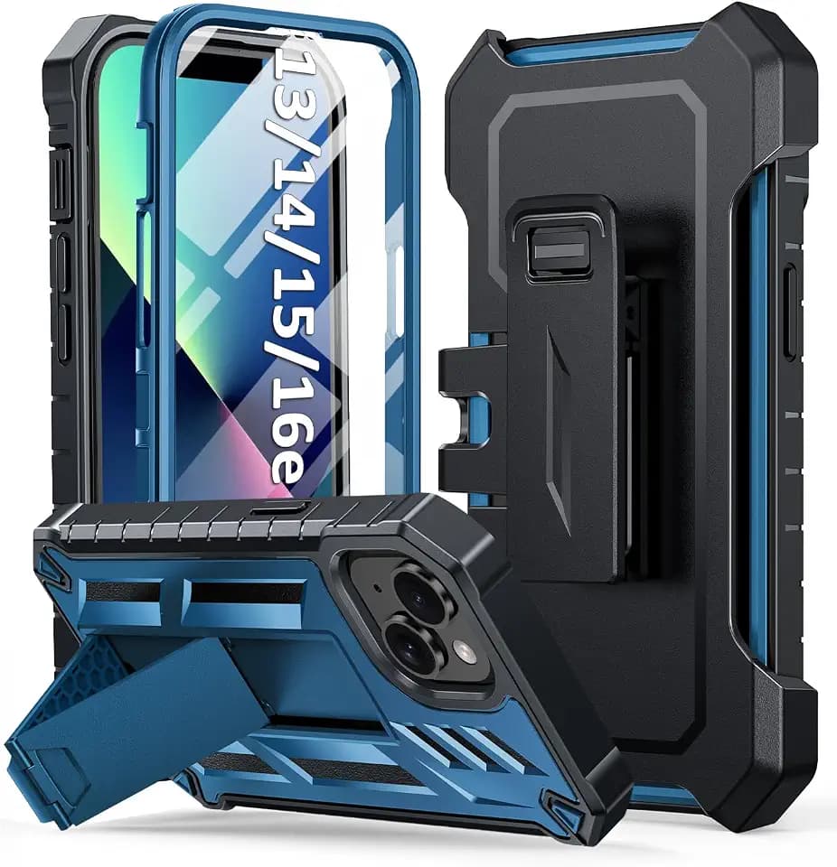 SOiOS for iPhone 13/14/15 Phone Case with Belt Clip and Kickstand, Blue