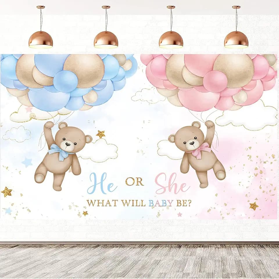 2.4x1.8m Foto Hintergrund Gender Reveal Bär Luftballons Blau oder Rosa He or She What Will Baby Be Fotografie Hintergrund Gender Reveal Party Kuchen Tisch Dekorationen Banner Fotostudio Requisiten