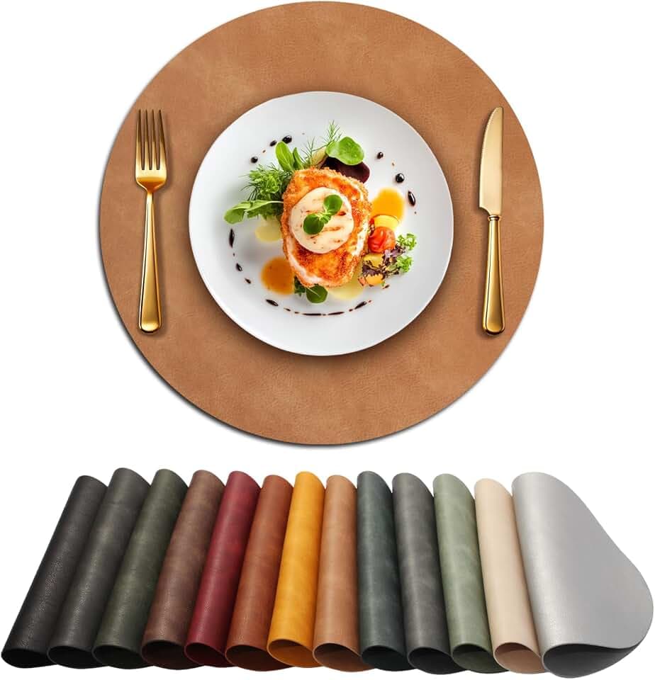 UnivoColors Placemats Round Faux Leather Placemats Set of 4-Waterproof-Wipe Clean-Heat Resistant-Anti Slip Dining Table Place Mats,Suitable for Indoor & Outdoor Use,15".Retro Camel