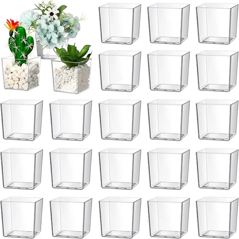 Tioncy 3'' x 3'' 24 Pcs Cube Clear Flower Vase Acrylic Flower Vase Square Acrylic Container Cube Decorative Centerpiece for Plant Home Office Floral Decor