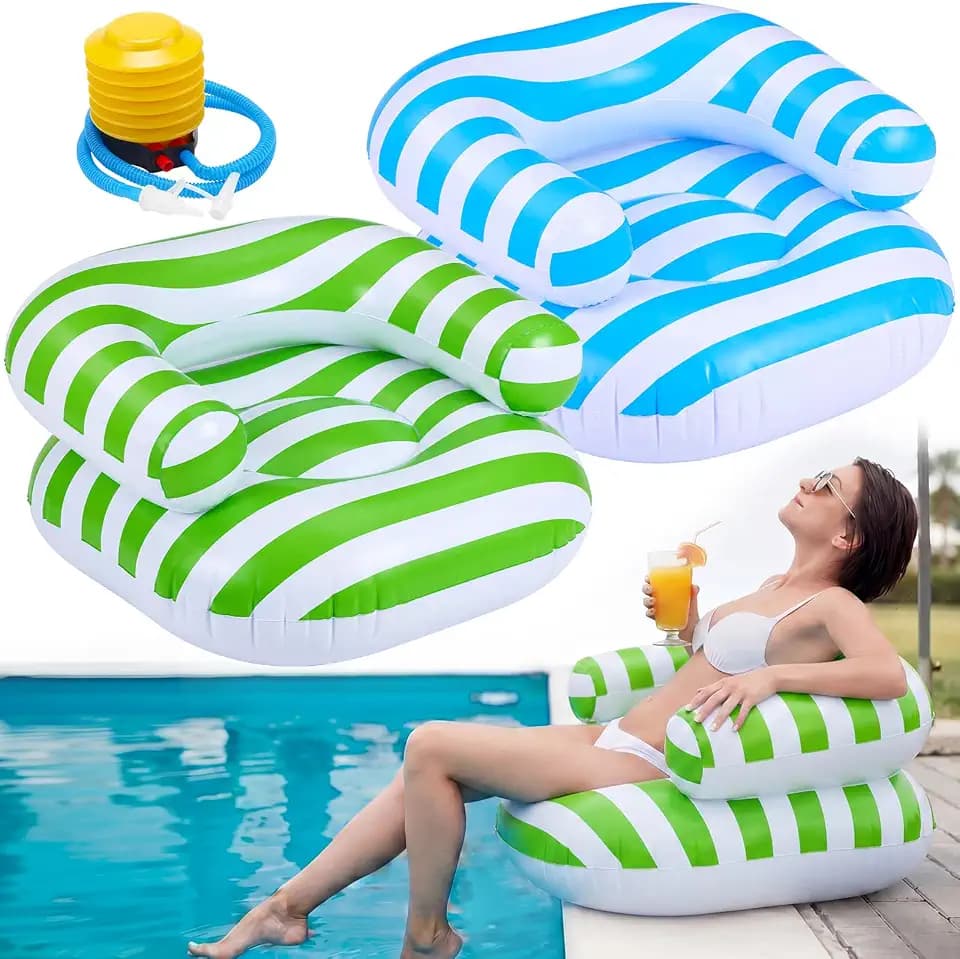 Seenelling 2 Pack Inflatable Poolside Chairs with Pump, Blow Up Beach Chair with Backrest, Portable Inflatable Floor Chair for Pool Edge, Patio, Lawn, Backyard, Indoor Outdoor(Striped,Blue, Green)