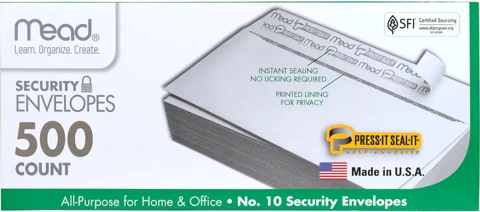 Mead #10 Security Business Envelopes Letter Size 4-1/8" x 9-1/2" – Peel and Seal, Privacy Lined, No-Window, Press-It Seal-It Self-Adhesive for Home & Office Mailing, 500 Count (740010)