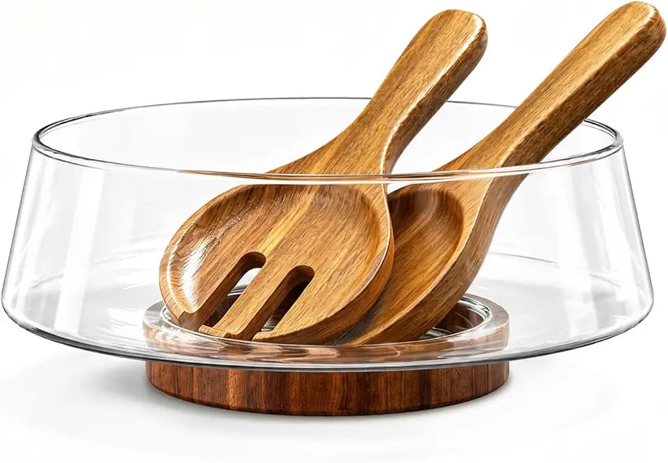 SoulTimes 4.7Qt Glass Salad Bowl with Acacia Wood Base and Serving Utensils