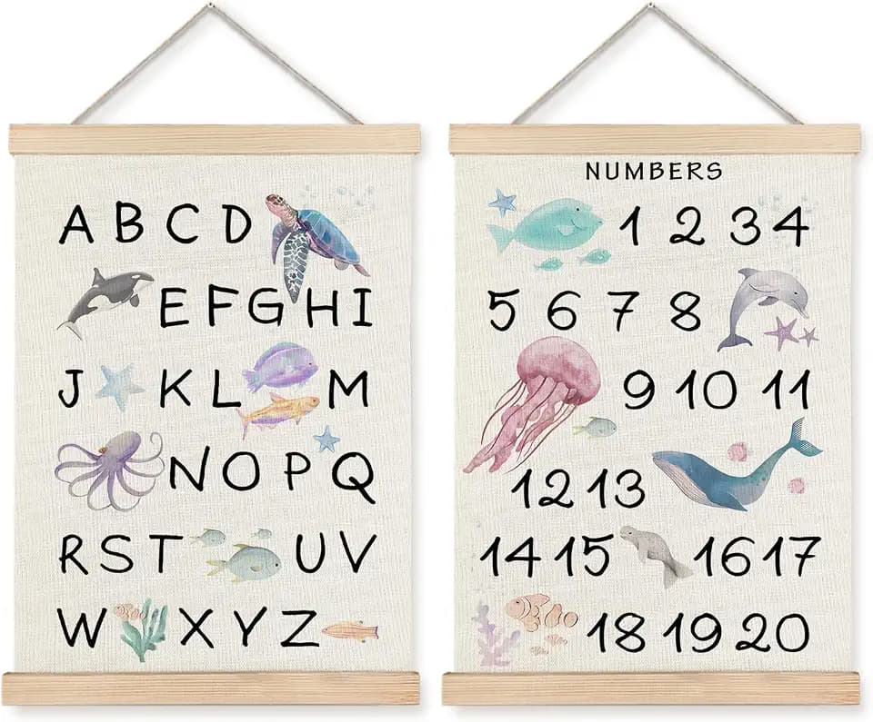 Supwhd Ocean Nursery Decor, Alphabet Numbers Ocean Animals Poster Hanger Frame, Sea Animals ABC 123 Educational Wall Decor for Nursery Kids Room Playroom Classroom Homeschool, 16x24 Set of 2