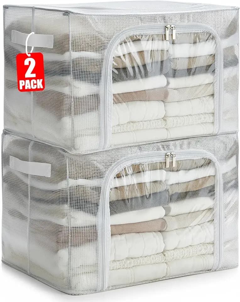 Clear Stackable Clothes Storage Bins with Metal Frame, Foldable Storage Box with Lid, Bedroom, Closet Organizers and Storage Container with Zippers & Durable Handles (Clear, 2 Pack)