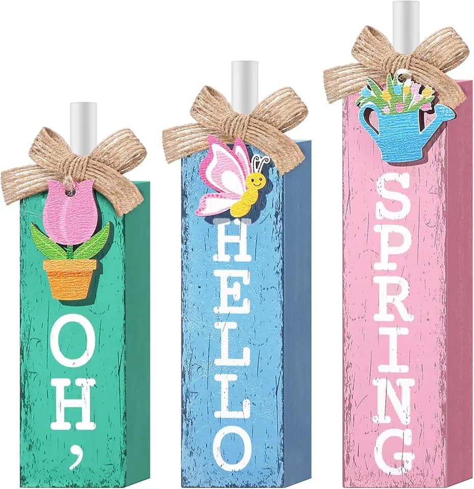 MiniInflat Spring 3 Pcs Table Decor, Wooden Block Sign Tiered Tray