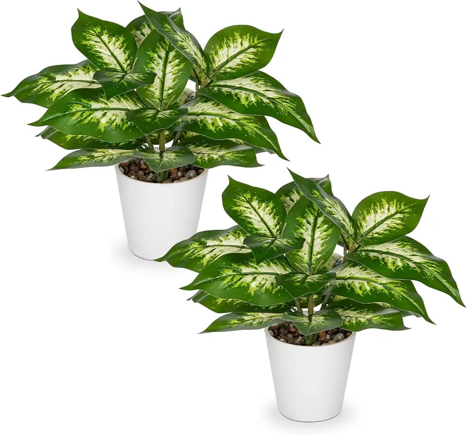 GnFlus Set of 2 Fake Tropical Plants with White Pots Artificial Potted Plants Artificial Leaves Decor for Farmhouse Room Bathroom Bedroom Kitchen Office Table Desk Green and White