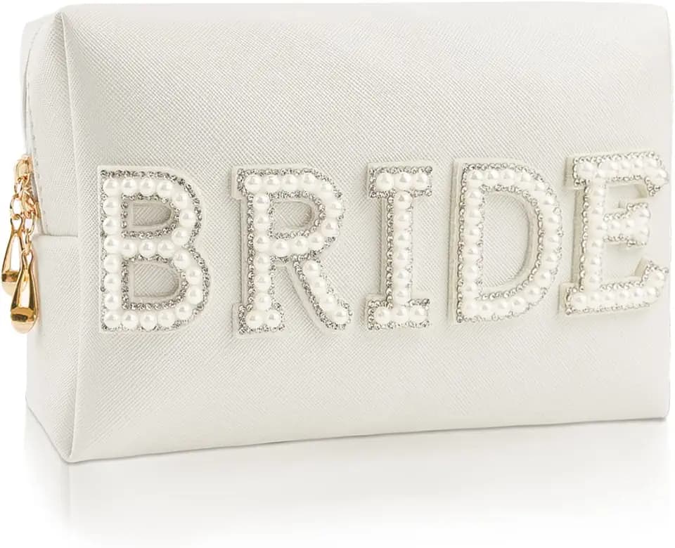 Kovewon Bride Patch Letter Makeup Bag for Women Bridesmaid Engagement Gift for Her White Pearl Rhinestone Travel Toiletry Bag Make Up Bag Pouch for Purse Bridal Shower Gifts for Engagement Wedding