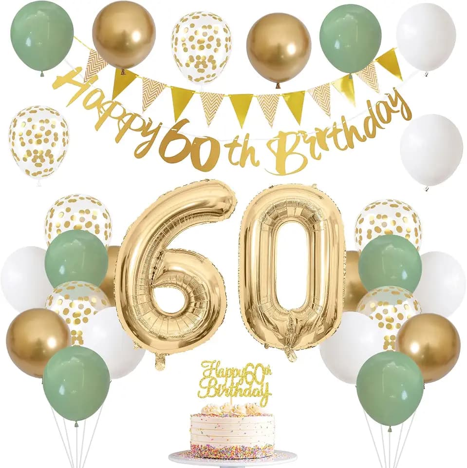 60th Birthday Decorations Women, Sage Green Gold Number 60 Party Balloons
