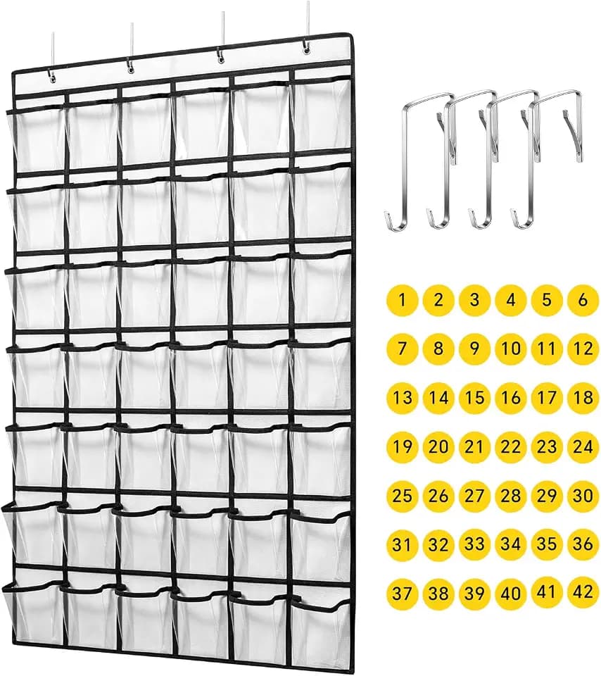 ANSTROUT 42 Clear Pockets Classroom Pocket Chart for Cell Phones and Calculator, Pocket Chart Organizer for Classroom Phone Storage Holder with 42 Number Sticker and Hooks (White)