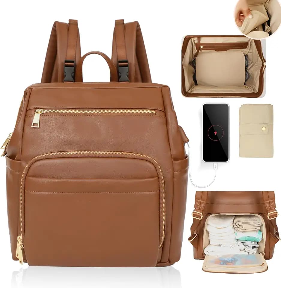 Omanmoli Diaper Bag Backpack Leather Large Baby Travel Bag Essentials