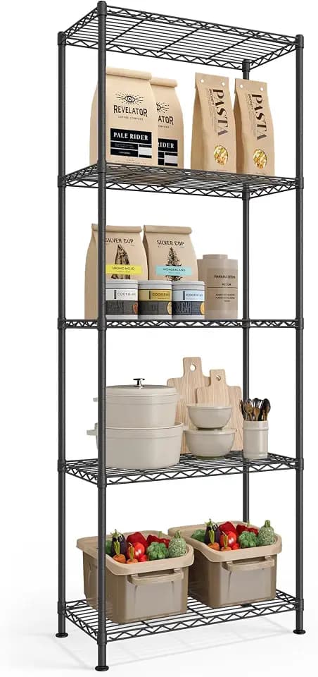 SONGMICS 5-Tier Storage Shelves, Adjustable Wire Shelving Unit, 8 Hooks