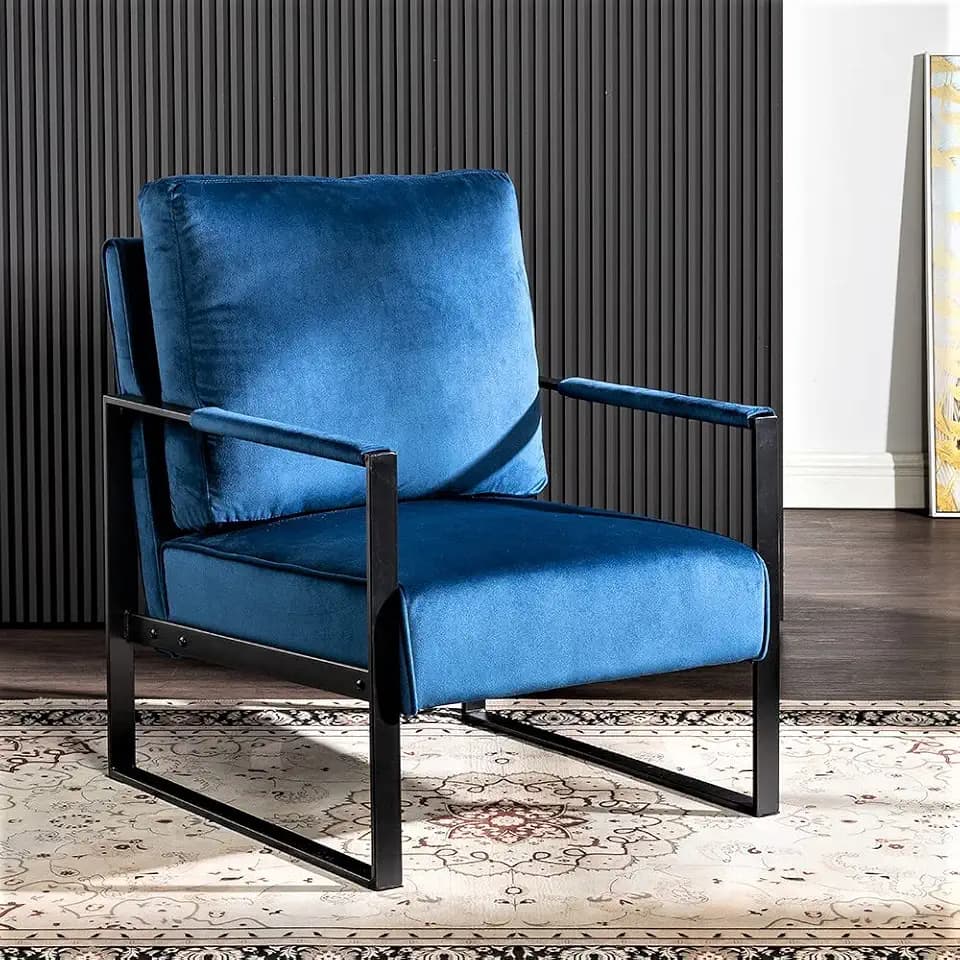Container Furniture Classic Mid Century Modern Accent Chair with Durable Square Metal Frame, Armchair for Living Room, Bedroom, Home Office in Plush Velvet Upholstery, Cobalt Blue