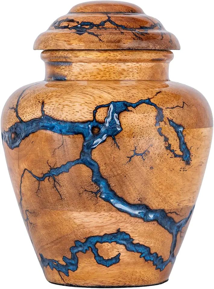 Small Keepsake Urn for Human Ashes Adult - Handcrafted Wooden Mini Urn (20 Cubic Inches) - Blue Decorative Memorial Cremation Urn for Men & Women - Keepsake Urns for Sharing Ashes