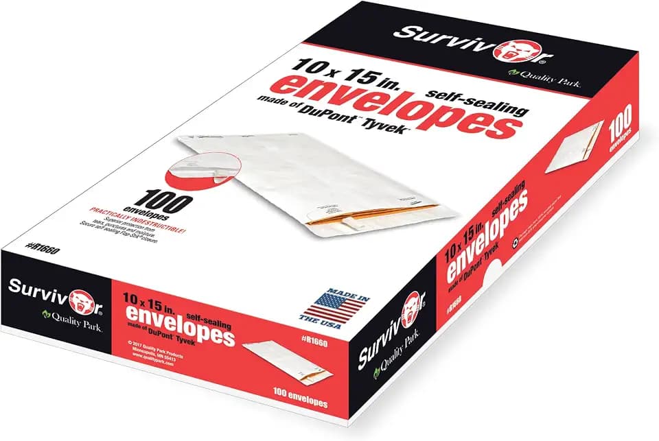 Quality Park QUAR1660 Survivor 10 x 15 Tyvek Catalog Mailer with Self Sealing Closure, 14 lb Puncture, Tear and Moisture Resistant DuPont Tyvek Envelopes, 100 per Box (R1660),White