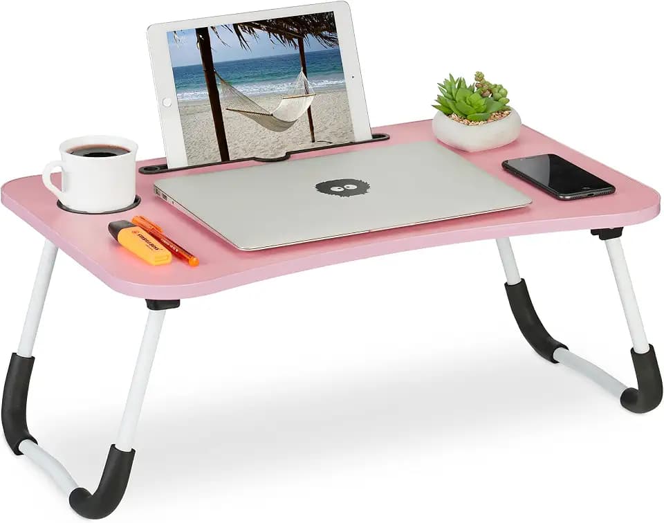 Relaxdays Laptoptisch für Couch, klappbar, Tablethalter, Getränkehalter, Betttisch, HxBxT 26 x 63 x 40 cm, rosa/weiß