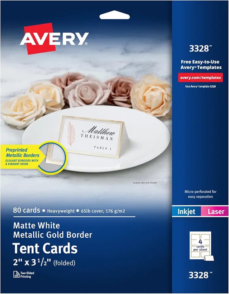 Avery Tent Cards, 2" x 3.5", Gold Borders, 80 Place Cards (3328)