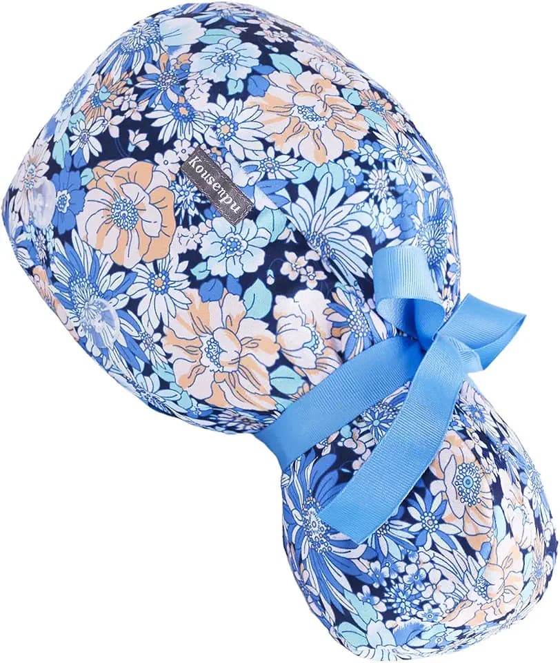 Satin Lined Scrub Cap Women with Ponytail Hole & Buttons,Adjustable Surgical Nurse Hat with Cotton Sweatband for Long Hair