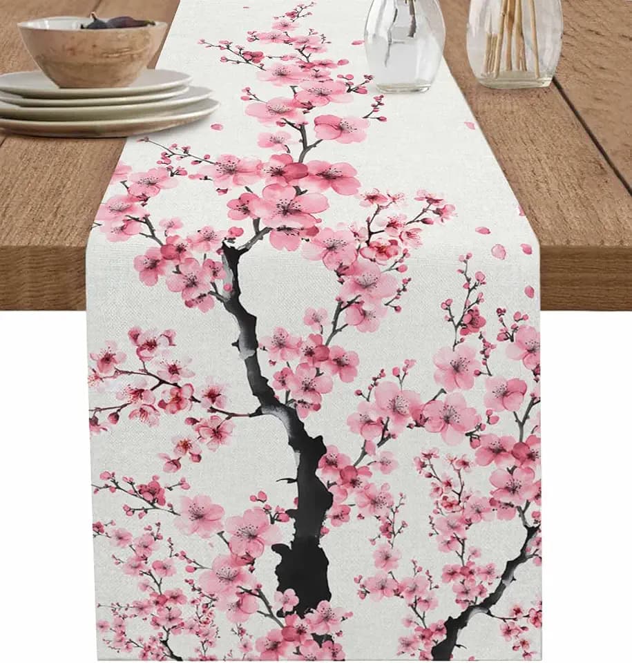 Cherry Blossom Table Runner 120 Inches Long Cotton Linen Kitchen Dinner Table Runners, Burlap Tablerunner for Dresser/Dining/Party/Wedding Pink Asian Japanese Burlap Beige