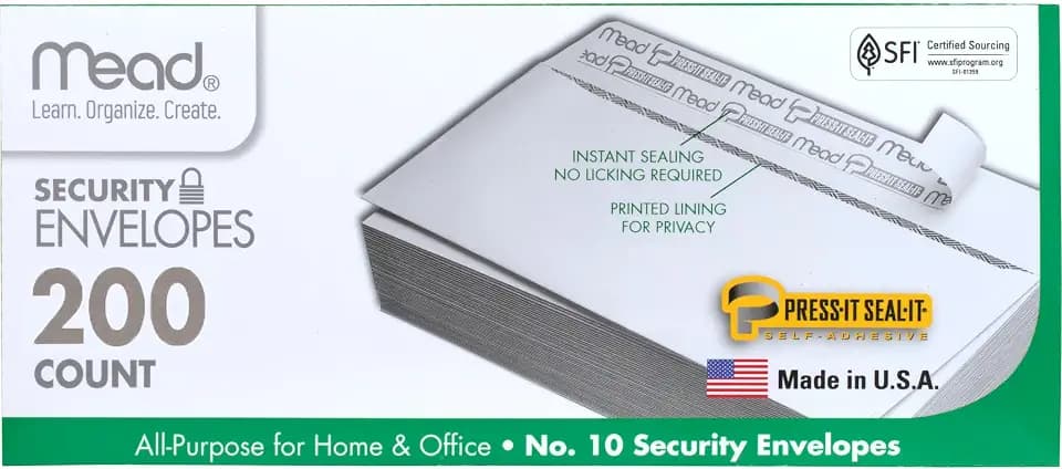 Mead #10 Security Business Envelopes Letter Size 4-1/8" x 9-1/2" – Peel and Seal, Privacy Lined, No-Window, Press-It Seal-It Self-Adhesive for Home & Office Mailing, 200 Count (742020)
