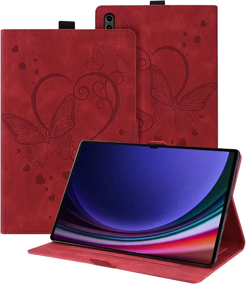 Hülle für Tab S9 Ultra/Tab S8 Ultra 14.6", PU Leder mit Schmetterlingsprägung und Standfunktion, Kratzfest Tasche für Tab SM-X910B X900 14.6", Rot