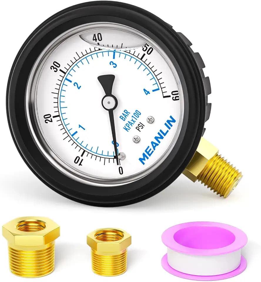 MEANLIN MEASURE 0~60Psi Stainless Steel 1/4" NPT 2.5" FACE DIAL Liquid Filled Pressure Gauge, Lower Mount (with Rubber Protective Sleeve), with 1/2" NPT and 3/8" NPT Hex Bushing