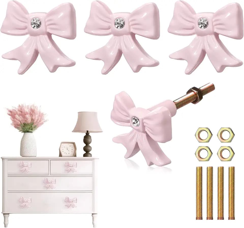 MorningRo 4 Pcs Pink Bow Dresser Knobs with Diamond Small Coquette Decor Back to School Cast Iron Drawer Cabinet Knobs for Dorm Girly Bow Drawer Pull Handles for Women Girls Vanity Wardrobe Bedroom