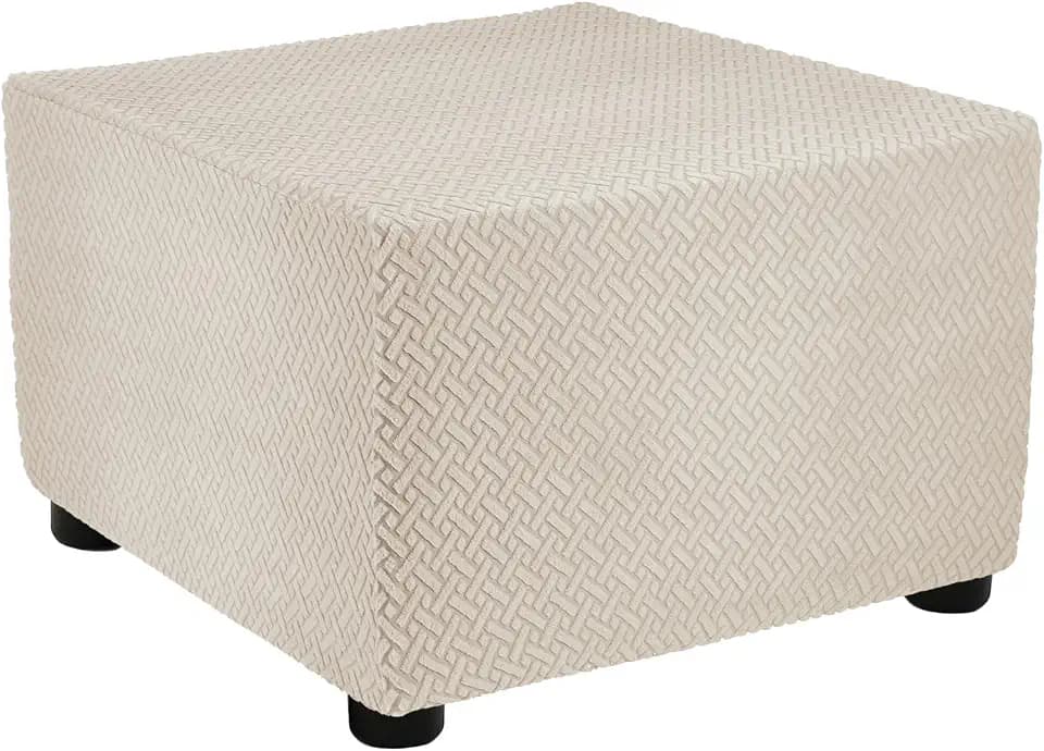 uxcell Stretch Ottoman Cover Twill Square Ottoman Slipcover with Elastic for Foot Stool Living Room Bedroom Fit Length 57-70cm / 23"-27", Medium, Beige