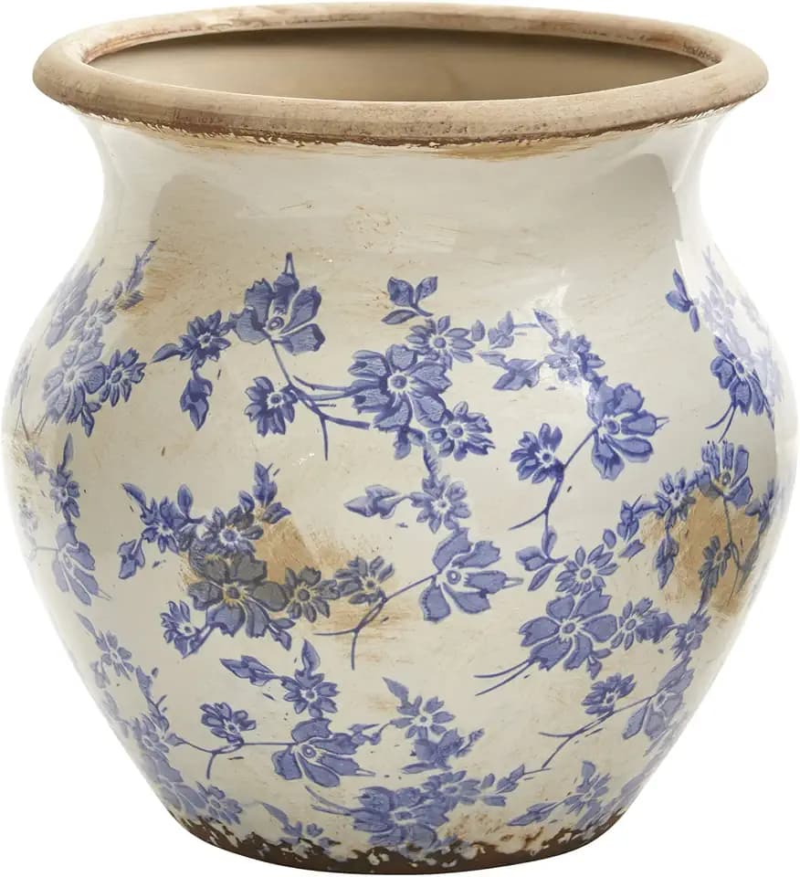 Nearly Natural 10.5in. Tuscan Ceramic Blue Scroll Urn Vase, Green